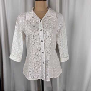 Birch Hill Button Down Top Sz S White Eyelet‎ Lace Blouse 3/4 Sleeve Rhinestone